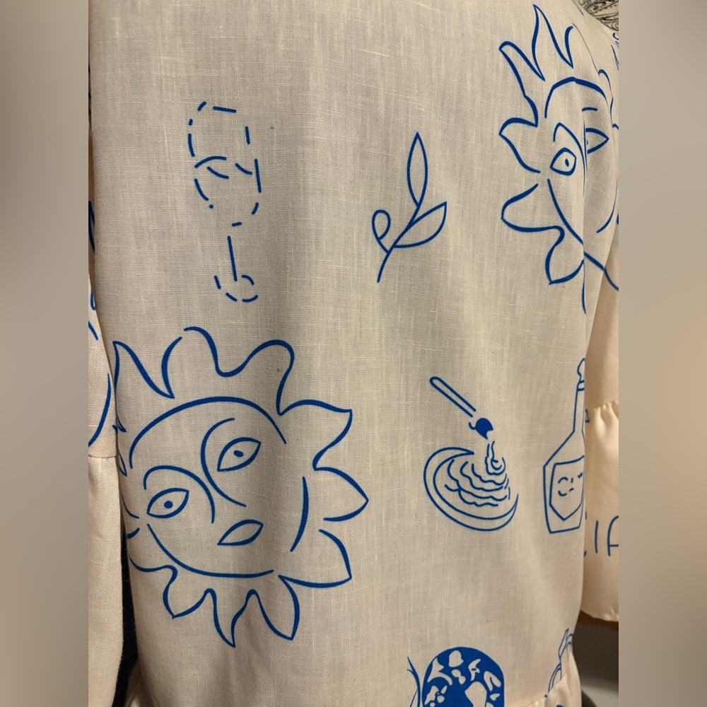 Cummense Ciao Wine Cream Blue Graphic Babydoll Ruffle Dress Medium - Picture 8 of 10